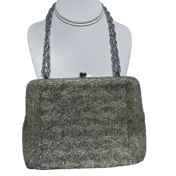 Walborg Silver Beaded Evening Bag With Chain Handle & Kiss Lock Closure (5909) - Picture 5 of 8